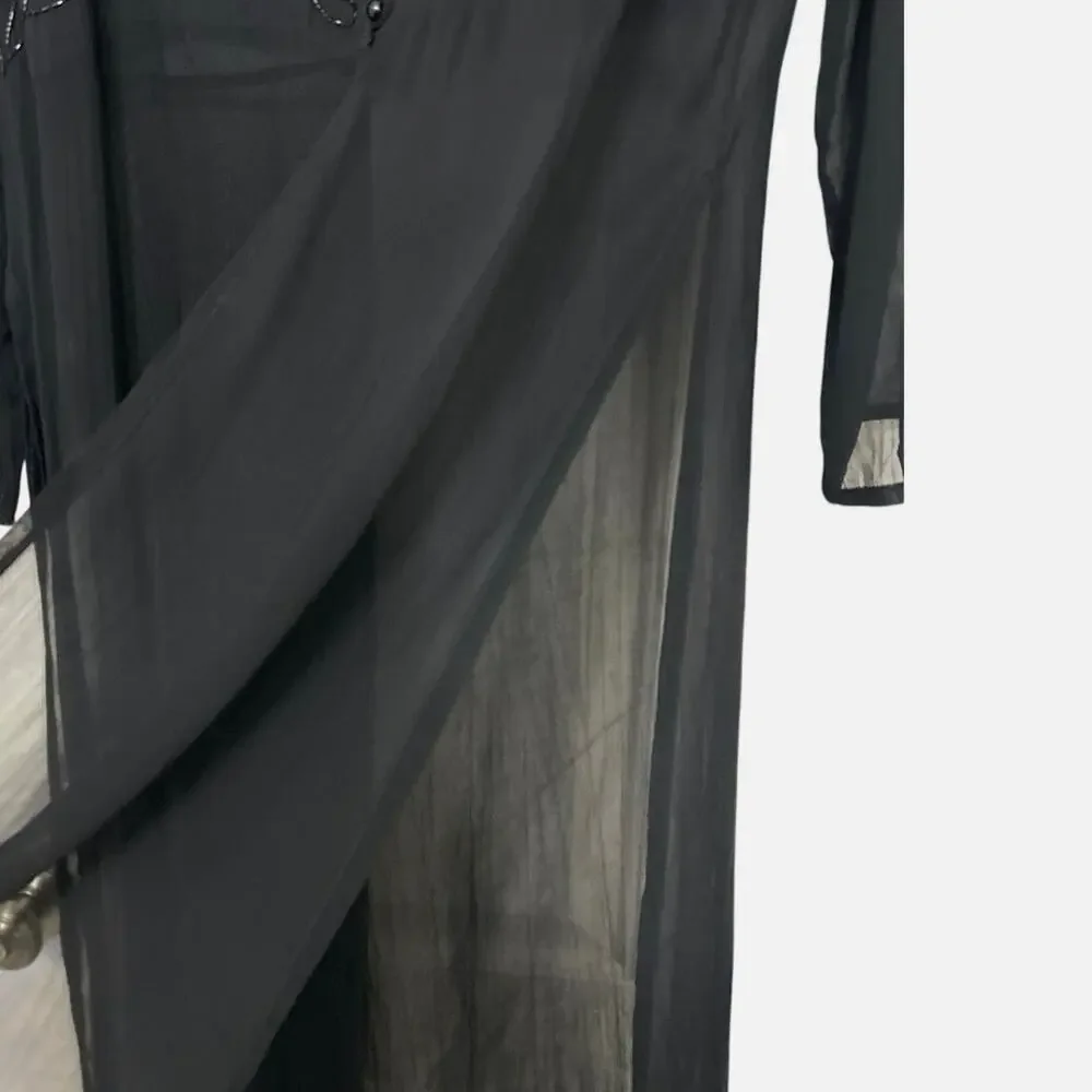 Y2K Sheer Black Beaded Duster Maxi Dress M Whimsigoth Indie Witchy Goth Overlay - Picture 8 of 13